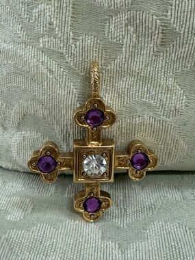 Gold Cross Pendant with Purple and Clear Stones